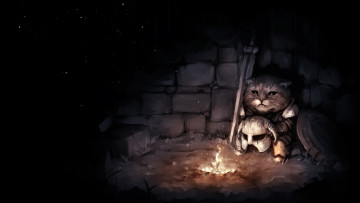 Картинка фэнтези существа кот фон костер меч