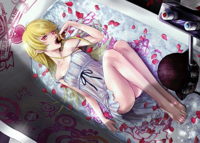 Обои картинки фото аниме, bakemonogatari, девушка, ванна, лепестки, вода, oshino shinobu, платье, пончик, еда, надпись, шлем