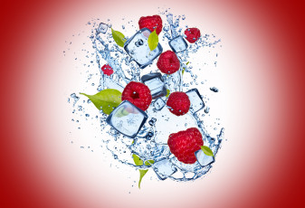 обоя еда, малина, water, ice, cherry, background, raspberry, капли, вода, лед, вишневый, фон, dro