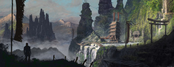Картинка фэнтези пейзажи человек водопад храм пейзаж горы