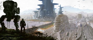 Картинка фэнтези роботы +киборги +механизмы город робот человек панорама