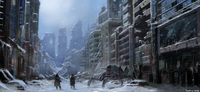 Обои картинки фото фэнтези, люди, разруха, город, постапокалипсис, зима, механоид