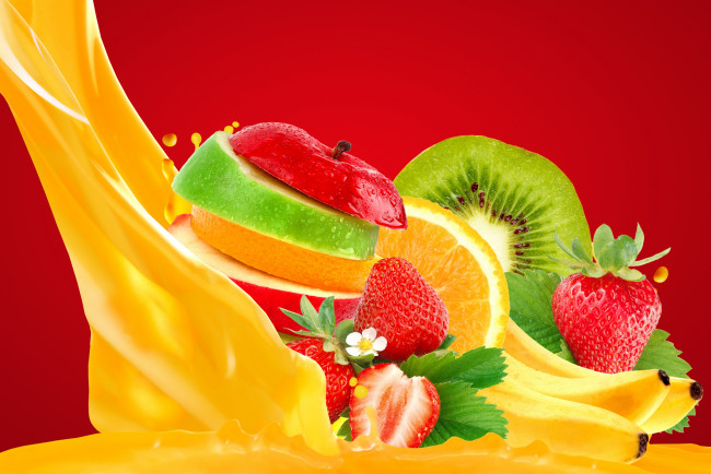 Обои картинки фото еда, фрукты,  ягоды, апельсин, яблоко, клубника, киви