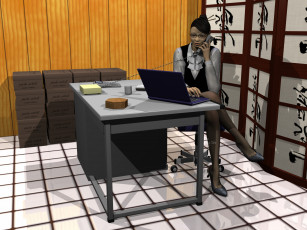 Картинка 3д+графика люди+ people девушка взгляд фон очки стол компьютер офис телефон