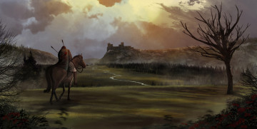Картинка фэнтези иные+миры +иные+времена лошадь замок стрелы раненый рыцарь воин