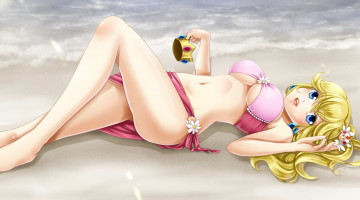 Картинка разное арты лежит лето tamamon super mario princess peach девушка арт пляж корона купальник бондинка