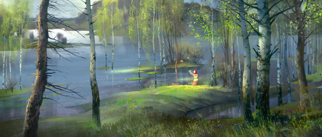 Обои картинки фото рисованное, живопись, русь, пейзаж, река, девочка, лес, деревья