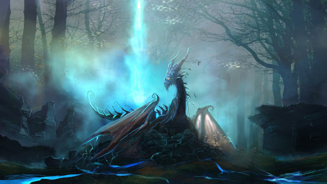 Обои картинки фото фэнтези, драконы, камни, крылья, деревья, лес, дракон