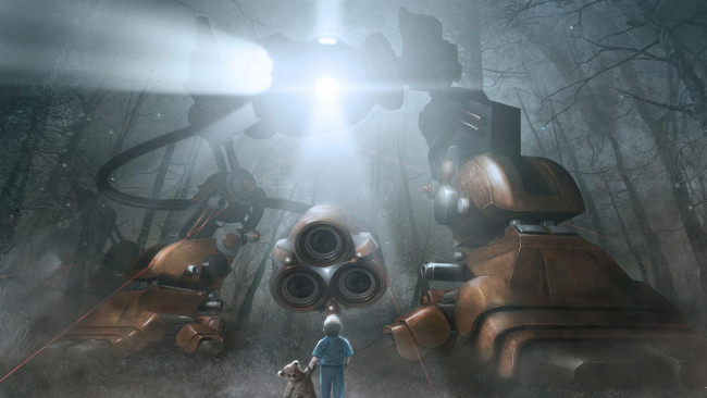 Обои картинки фото фэнтези, роботы,  киборги,  механизмы, деревья, лес, робот, свет, мишка, игрушка, мальчик, ребенок, ночь