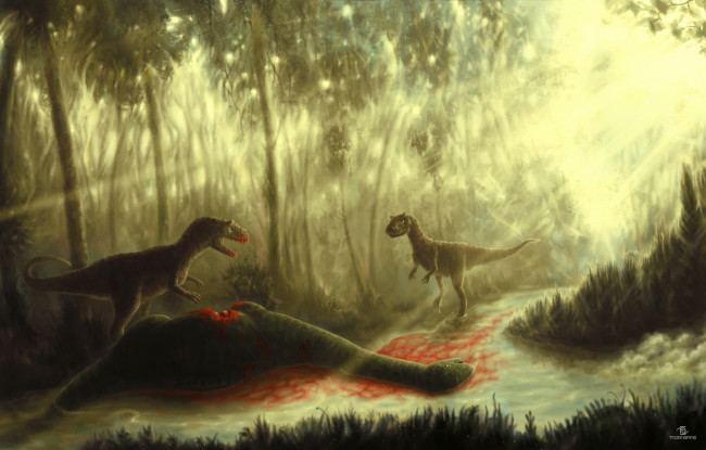 Обои картинки фото рисованное, животные,  доисторические, динозавры, лес