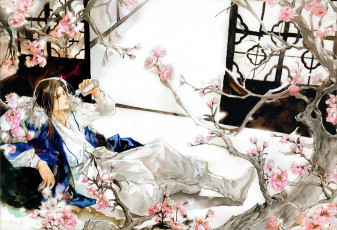 Картинка аниме unknown +другое сакура акварель eno комната рисунок отдых парень ветки сакэ art цветение японская одежда