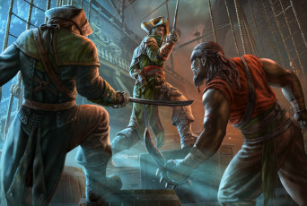 Картинка фэнтези люди оружие схватка пираты корабль