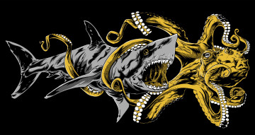 Картинка рисованное минимализм осьминог битва акула пасть