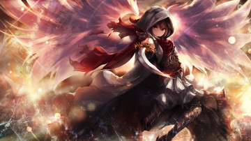 Картинка аниме ангелы +демоны девушка оружие крылья капюшон