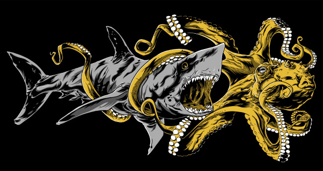 Обои картинки фото рисованное, минимализм, осьминог, битва, акула, пасть