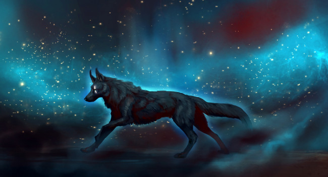 Обои картинки фото рисованное, животные,  волки, широкоформатные, фантастика, рисунки, космос, волки