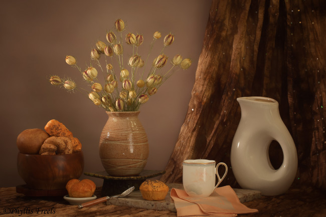 Обои картинки фото еда, напитки,  Чай, натюрморт, кувшин, цветы, хлеб