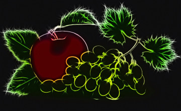 Картинка векторная+графика еда+ food контурная графика виноград черный фон яблоко неоновое свечение рендеринг
