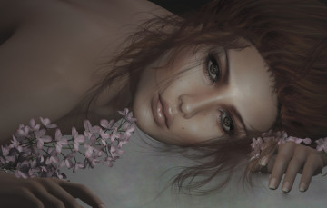 Картинка 3д+графика портрет+ portraits настроение грусть волосы цветы девушка