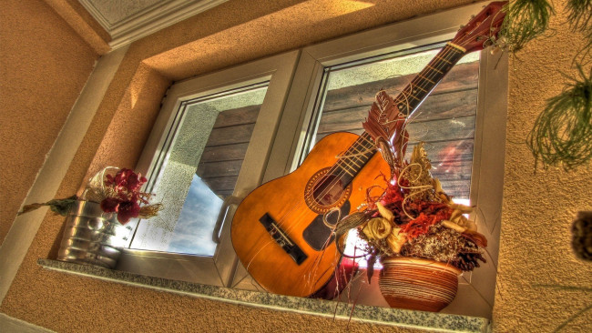 Обои картинки фото музыка, -музыкальные инструменты, икебана, окно, гитара