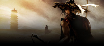 обоя видео игры, 9 dragons, башня, оружие, парень, шляпа, фигура, буря