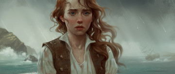 Картинка рисованное люди девушка фон дождь корабль