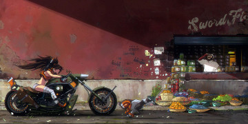 Картинка аниме оружие +техника +технологии девушка мотоцикл собака здание торговец магазин