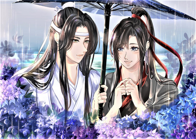 Обои картинки фото аниме, mo dao zu shi, лань, ванцзи, вэй, усянь, зонт, дождь, гортензии