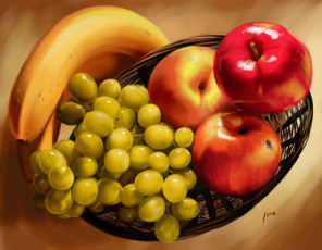 обоя рисованные, еда, виноград, банан, яблоко