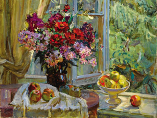 Картинка федор антонов рисованные окно стол букет фрукты