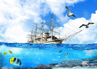 Картинка разное компьютерный дизайн море рыбы чайки парусник