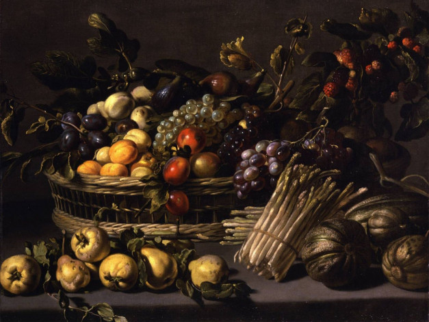 Обои картинки фото рисованные, еда, слива, виноград, груша, спаржа, корзина, тыква