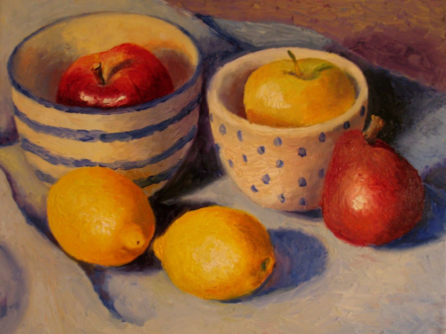 Обои картинки фото рисованные, еда, яблоко, лимон, груша