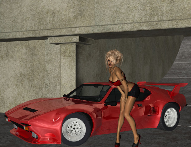 Обои картинки фото автомобили, 3д, автомобиль, блондинка, юбка, девушка
