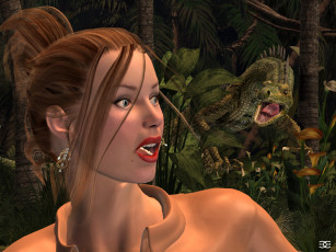 Картинка jasmine 3д+графика фантазия+ fantasy девушка взгляд испуг динозавр