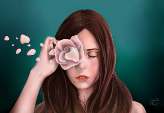 Картинка рисованные люди лицо волосы фон лепестки закрытые глаза девушка gabrielle ragusi роза цветок рука