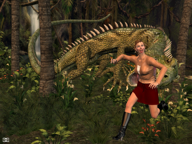 Обои картинки фото jasmine, 3д графика, фантазия , fantasy, девушка, динозавр, лес