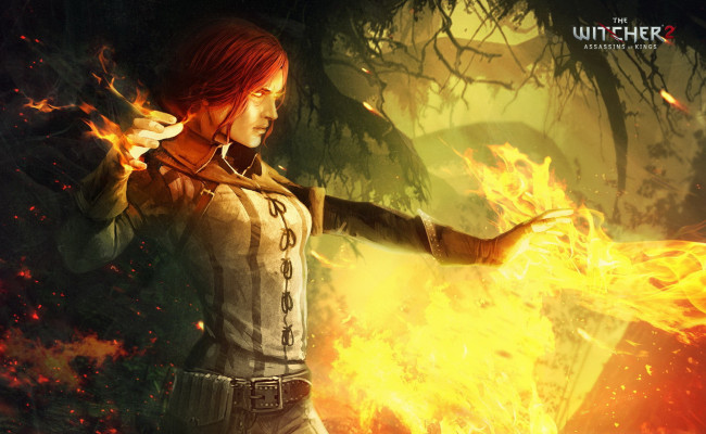 Обои картинки фото видео игры, the witcher 2,  assassins of kings, магия, ведьмак, деревья, лес, огонь, колдовство, ведьма