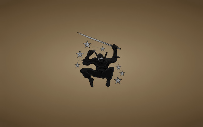Обои картинки фото рисованные, минимализм, меч, клинок, оружие, черный, костюм, ниндзя, ninja, прыжок, звездочки