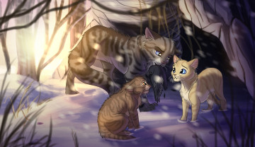 обоя рисованное, животные,  коты, лес, коты, семья, снег