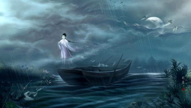 Обои картинки фото рисованное, живопись, туман, луна, ночь, дом, япония, лодка, журавли, река, дух, девушка, дождь