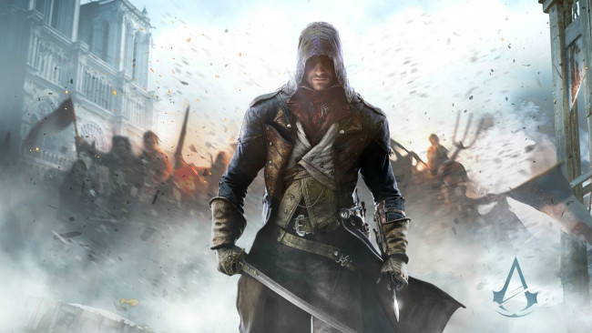 Обои картинки фото видео игры, assassin`s creed unity, взгляд, мужчина, оружие, фон