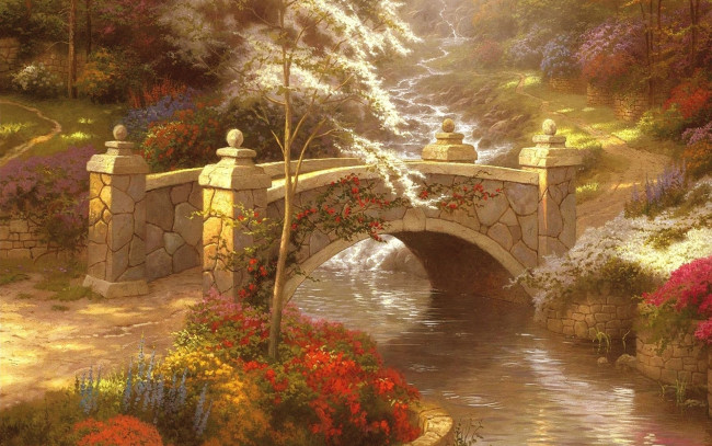Обои картинки фото рисованное, живопись, ручей, тропа, деревья, река, мост