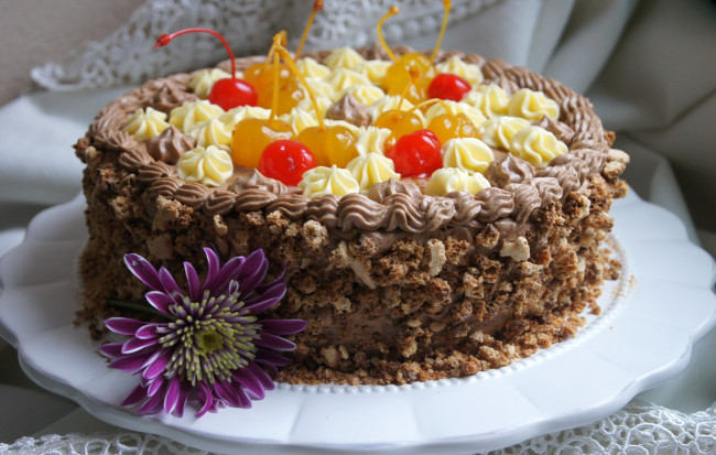 Обои картинки фото еда, торты, цветок, десерт, торт, выпечка, вишенки, крем