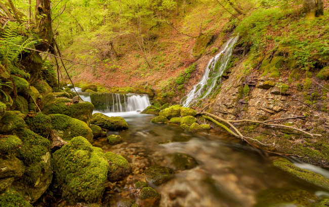 Обои картинки фото природа, водопады, мох, камни, поток, осень, лес