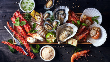 Картинка еда рыба +морепродукты +суши +роллы креветки мидии лайм морепродукты