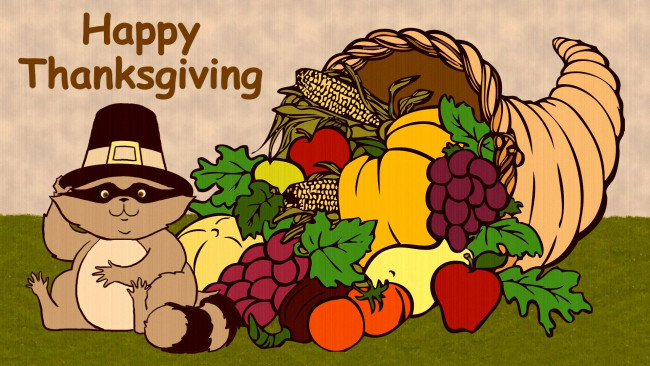 Обои картинки фото праздничные, день благодарения, фрукты, шляпа, енот, овощи, рог, изобилия