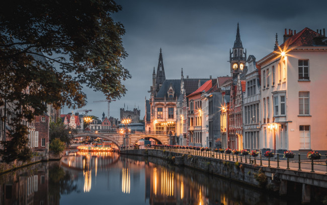Обои картинки фото города, гент , бельгия, канал, мост, вечер, огни