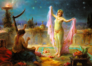 обоя рисованное, hans zatzka, женщины, танец, музыка, арфа, ковер