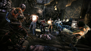 Картинка видео игры bulletstorm бой люди существа помещения